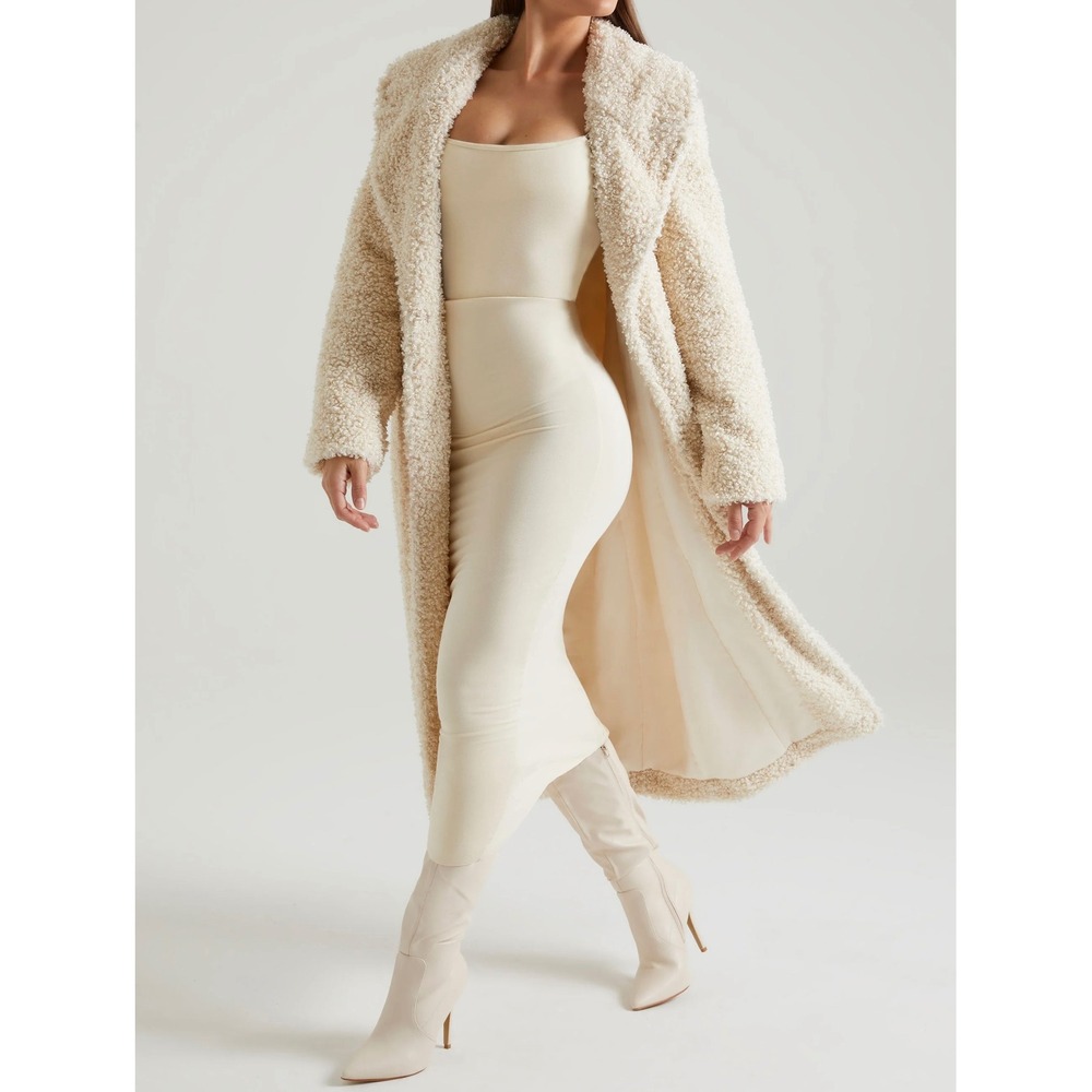 Oh Polly Cream Teddy Borg Faux Fur Longline Maxi Coat XS Ivory NWT - Picture 3 of 12